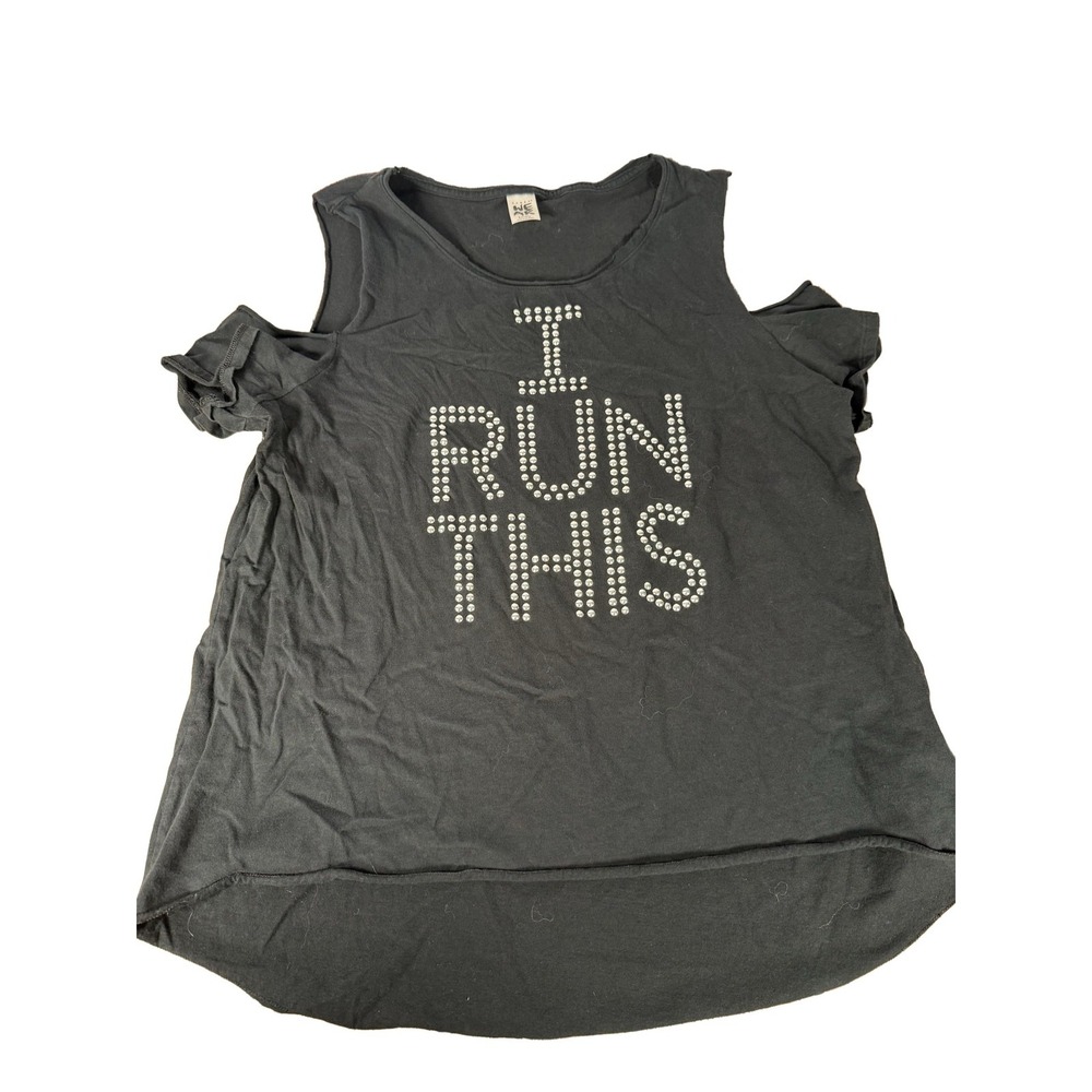 Zumba I RUN THIS Tank Top Women's Black Large Cold Shoulder Rhinestone Cotton